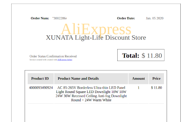 AliExpress Helper Invoice Example